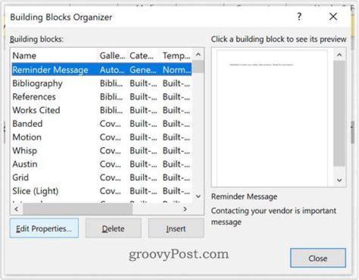 How do you remove building blocks in Word?